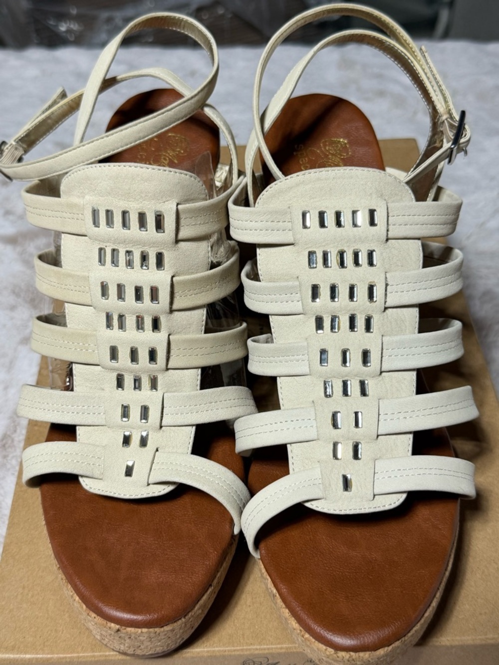Women’s Matt Bernson Special Project Bejeweled Strappy Wedge Sandals in Nude 11W